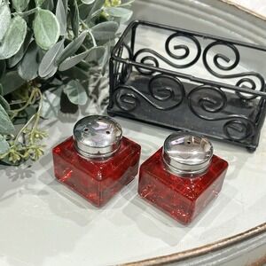 Pottery Barn Monterey Red Salt & Pepper Shaker Set Glass MCM W/Holder HTF‎